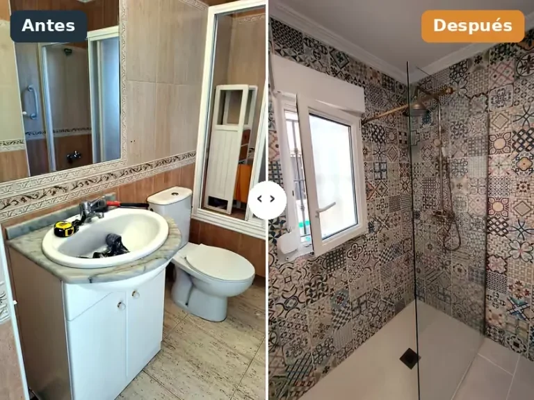 Antes y después: bañera sustituida por ducha de obra con mampara fija y azulejo hidráulico
