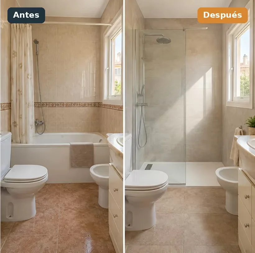 Imagen ilustrativa de un baño antes y después de cambiar la bañera por un plato de ducha con mampara